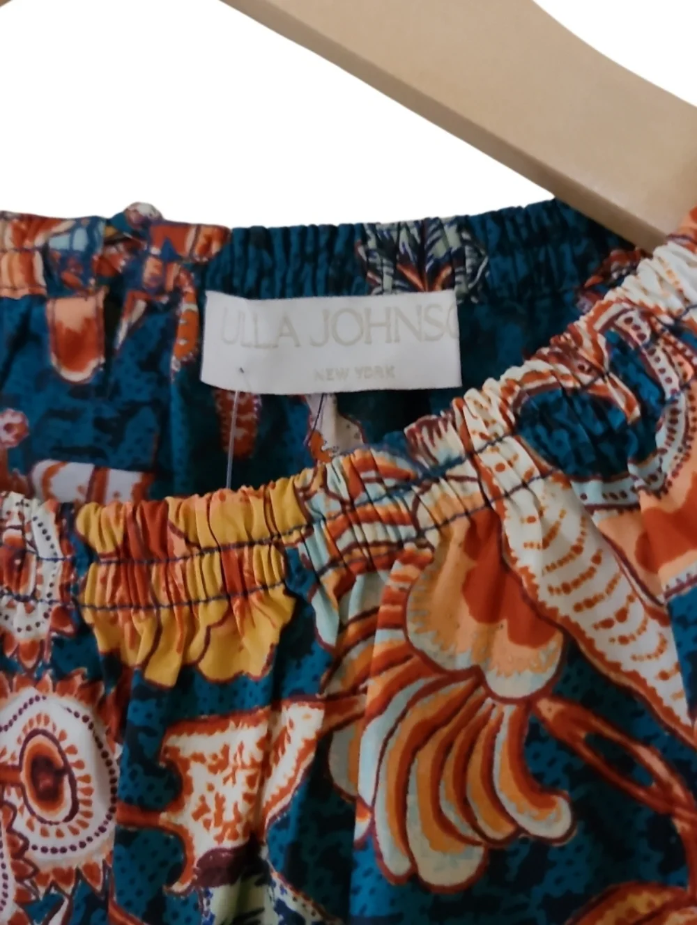 Ulla Johnson Frances Top Floral Puff-Sleeve 100% Cotton Blouse Deep Teal Orange